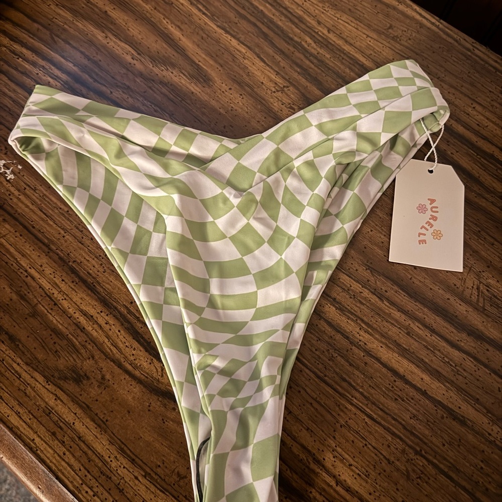 Aurielle Light Green and White Checkerboard Bikini Bottom